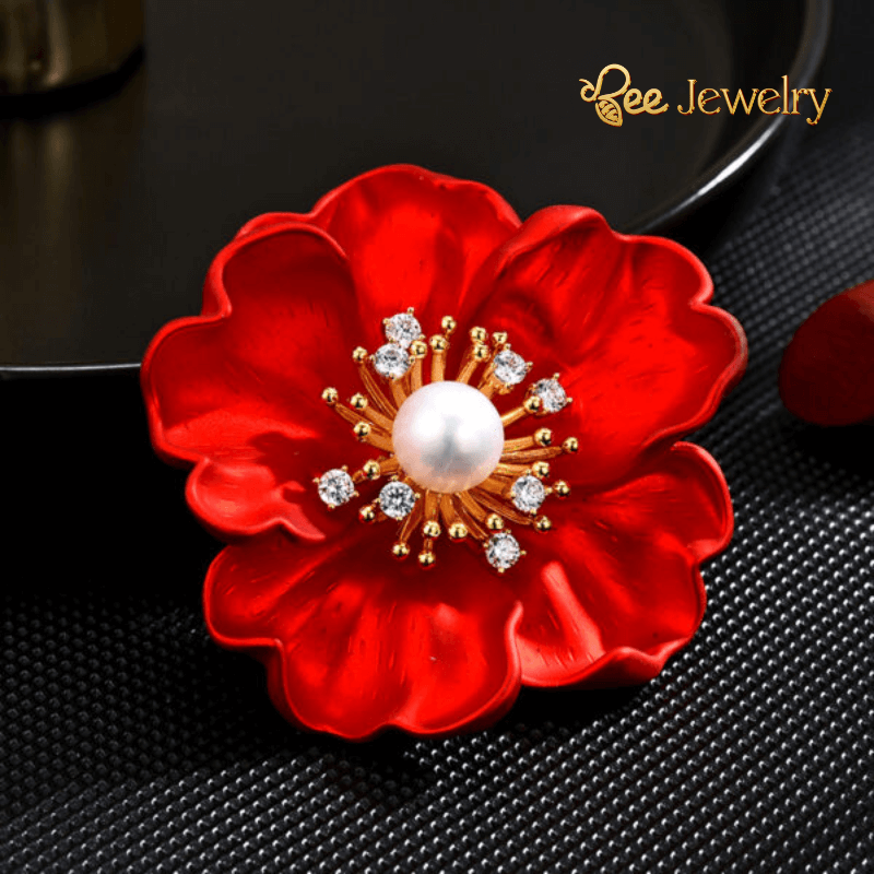 trâm cài áo hoa mẫu đơn đỏ đính ngọc trai