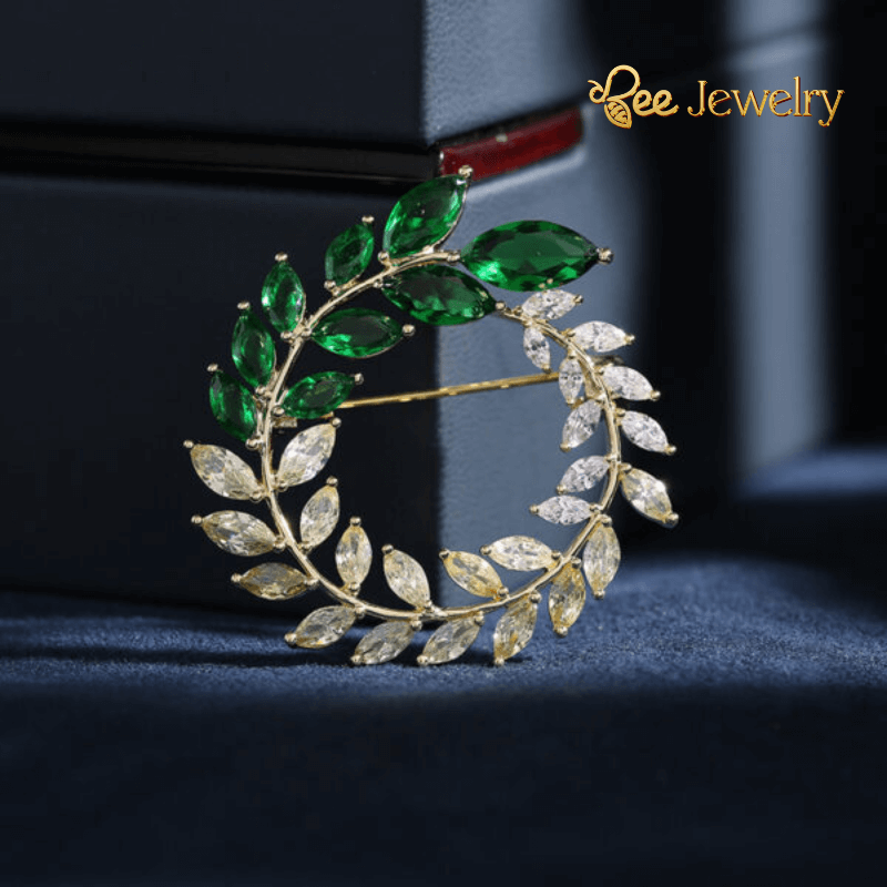 trâm cài áo vòng lá nguyệt quế đính phale xanh