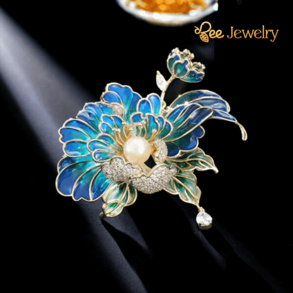 trâm cài áo hoa mẫu đơn xanh đính ngọc trai