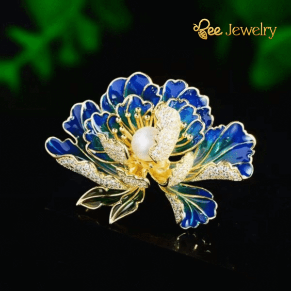 trâm cài áo hoa mẫu đơn xanh đính ngọc trai cao cấp