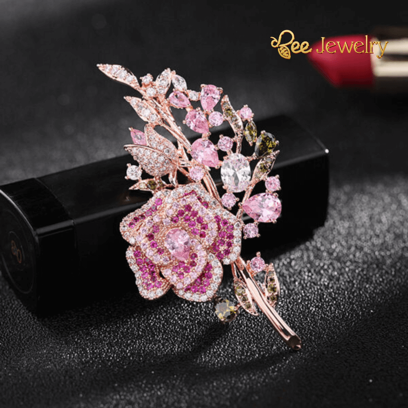 trâm cài áo hoa hồng đính đá