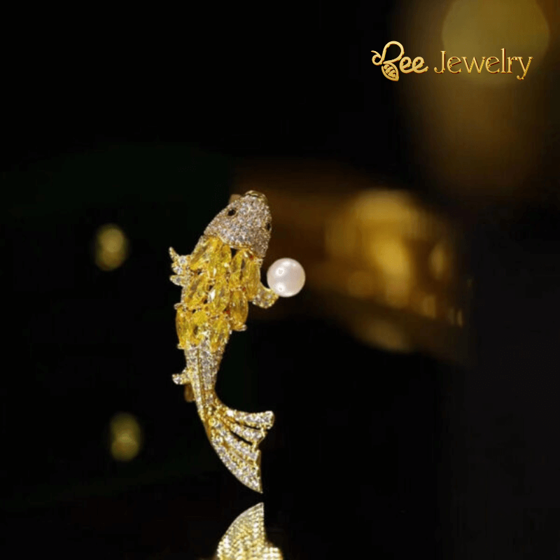 trâm cài áo cá koi phale vàng đính ngọc trai