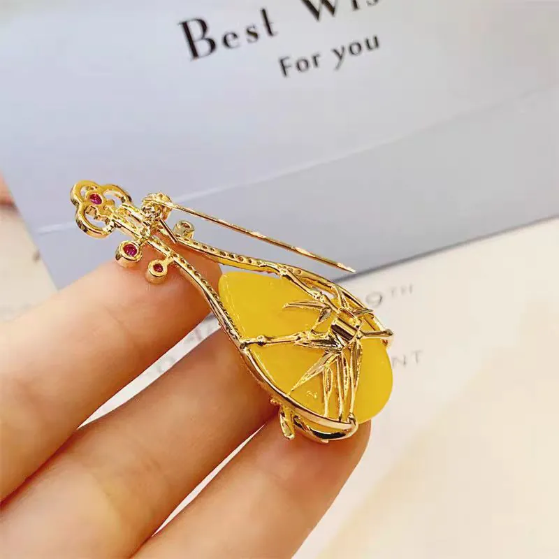 Trâm Cài Áo Đàn Tỳ Bà Đính Thạch Anh Vàng - Hình ảnh 11