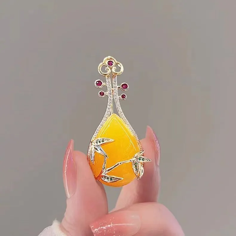 Trâm Cài Áo Đàn Tỳ Bà Đính Thạch Anh Vàng - Hình ảnh 14