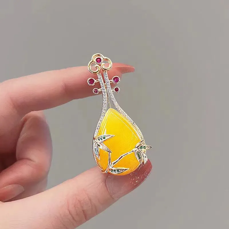 Trâm Cài Áo Đàn Tỳ Bà Đính Thạch Anh Vàng - Hình ảnh 15