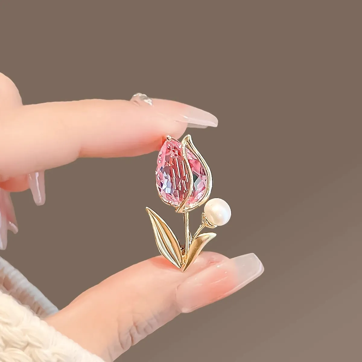 Trâm Cài Áo Hoa Tulip Phale Hồng Ngọc Đính Ngọc Trai - Hình ảnh 7